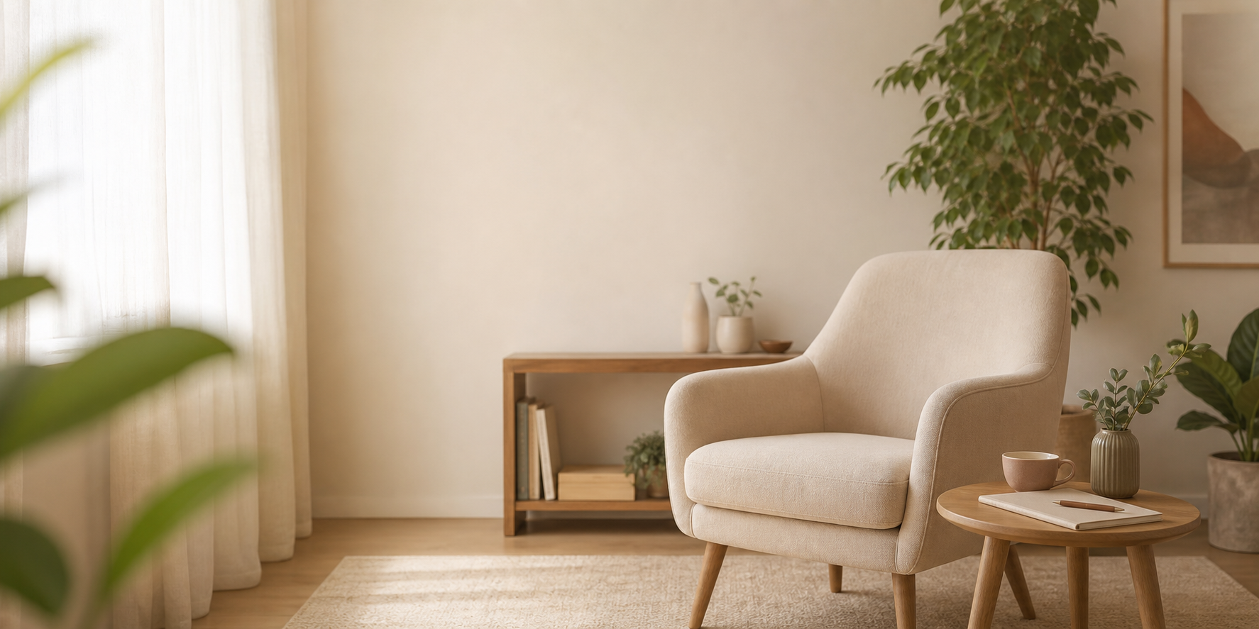 Consultório acolhedor com poltrona clara, plantas e luz natural